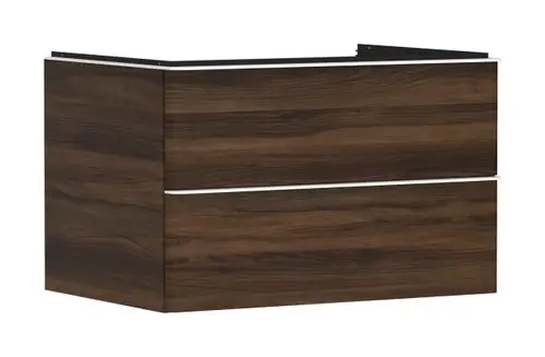 Waschtischunterschrank aus Holzdekor in Nussbaum, zwei Schubkästen, geeignet für Konsolen Aufsatzwaschtisch, Marke Hansgrohe.